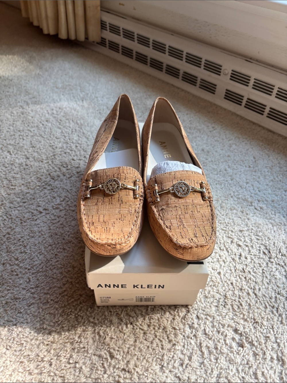 Anne Klein Cork-Textured Loafers with Gold Accent